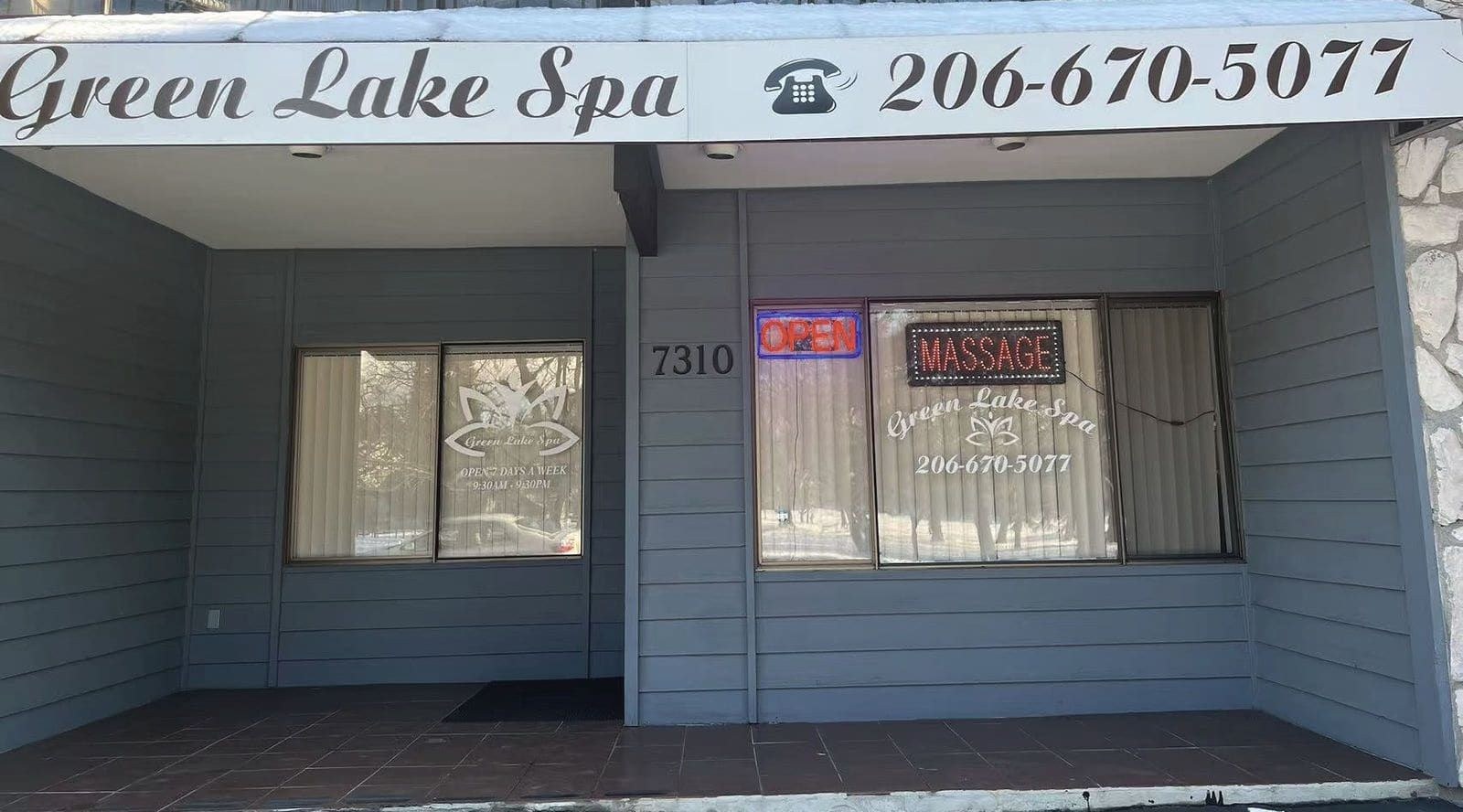 The Green Lake Spa awning at 7310 East Green Lake Dr N, Seattle, with the phone number and the Massage sign in the window